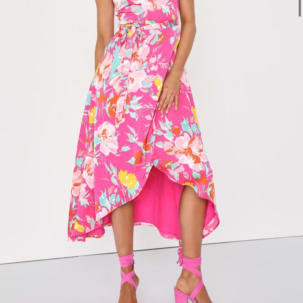 Lulu's Pink and White Asymmetrical Midi Dress